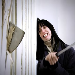 a woman holding a pair of scissors in her hand The Shining Laptop Halloween Dark Thriller Atmosphere, Halloween Costume Inspiration, Horror Movie Scene, gray