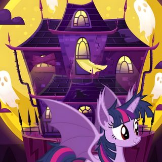 a pony standing in front of a house with ghost's on the other side My Little Pony Halloween Twilight Sparkle Halloween, Mlp Halloween, My Little Pony Halloween, purple