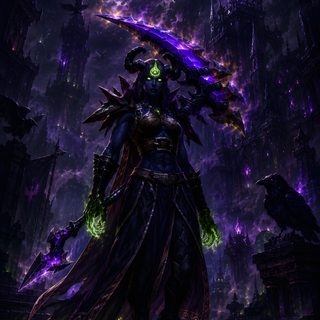an image of a demonic demon standing in the middle of a dark forest with purple and green lights World Of Warcraft Halloween black
