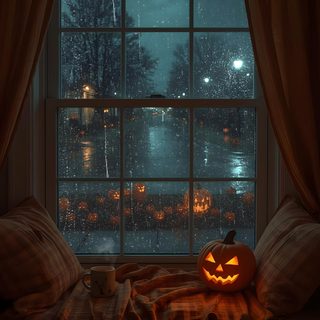 a pumpkin sitting on top of a window sill in front of a rainy night Halloween Live Spooky Halloween Pictures, Happy Halloween Pictures, Cozy Rainy Day, Halloween Gif, black