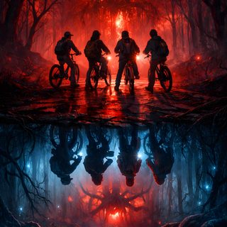 three people riding bikes in the middle of a forest with red light coming from them Stranger Things Halloween Stranger Things Photo, Stranger Things Pictures, Stranger Things, black