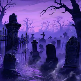 a cemetery with tombstones and trees in the background under a purple sky at night Purple And Black Halloween Halloween, Sfondi Viola, Halloween Cute, Cemetery Art, Gothic, midnight blue