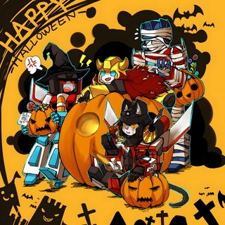 a group of cartoon cats sitting on top of a pumpkin with halloween decorations around them Transformers Halloween Transformers Halloween Art, Transformers Christmas Art, Transformers Holiday Special, sienna