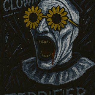 a painting of a creepy clown with sunflowers in his eyes and the words art the clown written on it Art The Clown Halloween Art The Clown Glasses, Art The Clown, Art The Clown Horror Movie, black