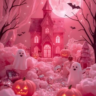 a pink halloween scene with pumpkins and ghostes in front of a castle at night Happy Halloween Pink Pink Halloween Aesthetic, Aesthetic Pink Halloween, Halloween Background Pink, indian red