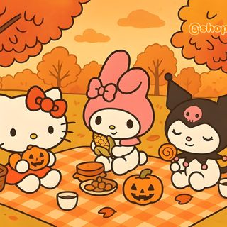hello kitty picnics in the fall with pumpkins and jack - o'- lanterns Halloween Hello Kitty For Ipad Hello Kitty Fall Ipad, Hello Kitty Rooms, Hello Kitty Items, Ipad, goldenrod