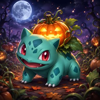 a cartoon cat with a pumpkin on its head Halloween Bulbasaur dark slate gray