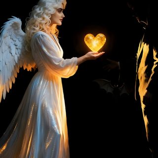 an angel holding a heart shaped object in her hands with flames coming out of it Halloween Angel black