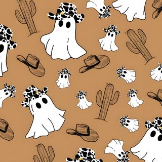 the pattern is made up of white ghost with hats and cacti Aesthetic Cute Western Halloween Western Halloween Iphone, Western Spooky, Halloween Western, peru