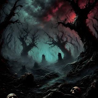a group of skulls sitting in the middle of a forest under a full moon filled sky Horror Background With Scary Monster Halloween Spooky Aesthetic Scary, Horror Scenery, Horror Background Images, black