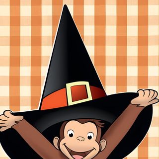 a monkey wearing a witches hat on top of a checkered tablecloth with an orange and black background Halloween Curios George Curious George, Phone Backgrounds, Cute, Cute Animals, Drawings, sandy brown