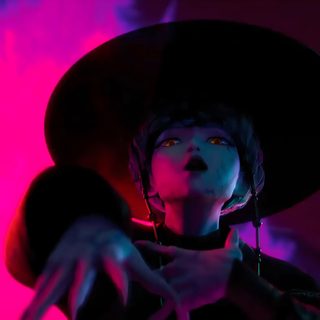 a woman wearing a black hat and holding her hand out to the side while standing in front of a pink background Baby Saja Halloween Kpop Demon Hunters Mystery Saja Concept Art, Demon Baby Kpop Demon Hunters, Baby Saja Kpop Demon Hunters Demon Form, black