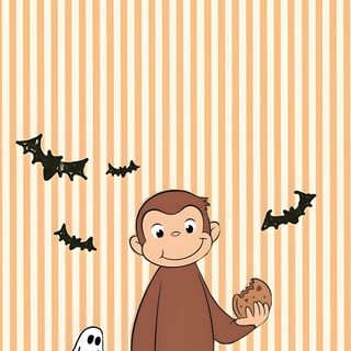 a little monkey standing in front of pumpkins and bat's on a striped wall Curious George Halloween navajo white