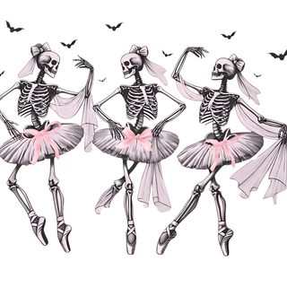 three skeleton dancers in pink tutu skirts with bats flying around the dance pose on white background Halloween Ballerina Halloween Ballet Art, Halloween Party Decoration Ideas, Pink Skeleton Dance Illustration, white