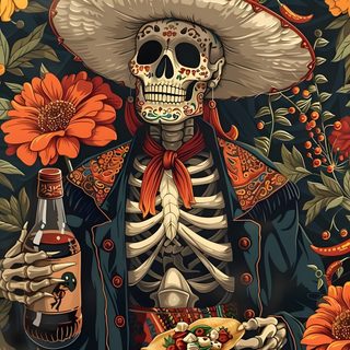 a skeleton with a mexican hat holding a plate of food in front of sunflowers Mexican Halloween Hispanic Skull Art, Mexican Skull Painting, Los Muertos Art, dark olive green