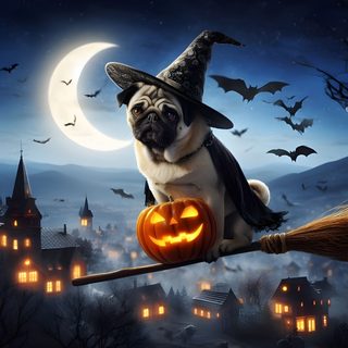 a pug dog sitting on top of a broom in front of a full moon Halloween Pug Iphone Halloween Pug Background, Pug Halloween, Halloween Pug Images, dark slate gray