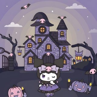 an animated halloween scene with pumpkins and witches Halloween Cute Kuromi Halloween Halloween Cute Kuromi Halloween, Aesthetic Sanrio Halloween, Cute Kuromi Halloween, light slate gray
