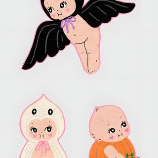 three little angels with black wings and pink bodysuits, one is holding a flower Kewpie Halloween Halloween Series, Halloween Baby, Watch, Apple Watch, Baby Halloween, gainsboro