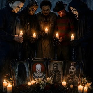 a group of people standing in front of candles with scary faces on them and pictures Halloween 6 black