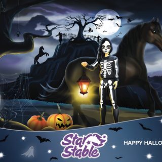 a halloween scene with a skeleton on a horse Star Stable Halloween 4k Sso Halloween, Skeleton Horse Stable, Star Stable Fall Background, dark slate gray