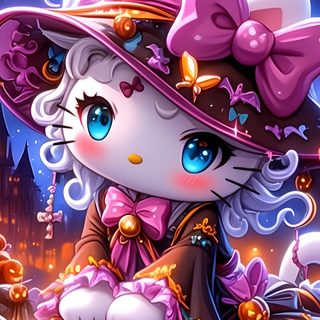 a cat in a witches hat sitting on top of a pumpkin Halloween With Hello Kitty In A Hat Halloween Kitty, Cute Hello Kitty Halloween, Halloween Hello Kitty, dim gray