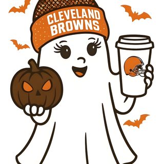 a halloween ghost holding a cup of coffee and wearing a cleveland browns knitted hat Halloween Nfl School Fits, Sublimation Ideas Projects Inspiration, Cleveland Browns, Cleveland, snow
