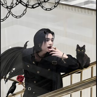 a woman with black hair standing next to a cat on a stair case and looking at the camera Hyunjin Halloween Happy Halloween, Halloween, dark gray