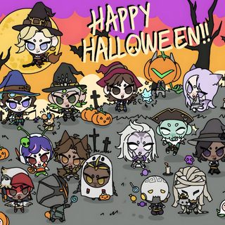 an animated halloween scene with many different characters Overwatch Halloween Halloween Genji Skin, Overwatch Pumpkin, Overwatch Halloween, gray
