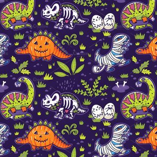 an image of halloween fabric with dinosaurs and pumpkins on purple, green and orange colors Halloween Dinosaur Hd Colorful Spooky Dinosaur Art, Dinosaur Halloween Pattern Design, Diy Halloween Party Decor, midnight blue