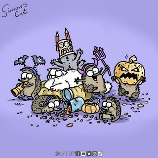 an image of some cartoon characters in the middle of a pile of trash and pumpkins Simons Cat Halloween Hd Simons Cat Halloween, Simons Cat Spider, Simons Cat International Cat Day, light steel blue