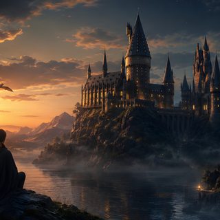 a man sitting on the edge of a cliff overlooking a castle at sunset with an eagle flying over it Hogwarts Halloween Desktop 1920x1080 Harry Potter 4k, Harry Potter Laptop, Harry Potter Computer, dark slate gray