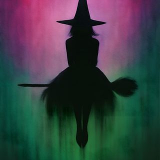 the silhouette of a person wearing a witches hat and sitting on a horse in front of an aurora bore Wicked Halloween Halloween Decoration Ideas, Halloween Witch Silhouette Art, Pink And Green Witch Background, dark slate gray