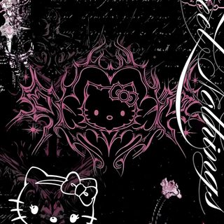 a black and pink wallpaper with hello kitty on it's back ground, Black And Pink Halloween Astedic, Black Glitter Hello Kitty, Background Hello Kitty,