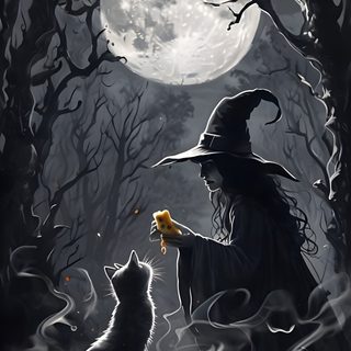 a painting of a witch and her cat Halloween Witch Cats Custom Witch Pictures Halloween, Dog Paw Tattoo, Witch Pictures, dark slate gray