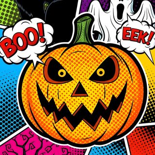 an image of halloween pumpkins with bats and cats on them in pop art style Halloween Comic Elvira Movies, Halloween, Aesthetic Backgrounds, Aesthetic Design, Design, saddle brown