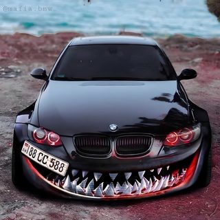 a black car with its mouth open and it's teeth painted on the front Bmw Halloween Bmw M5 Scary Eyes, Custom Bmw Front Design, Bmw M3, Bmw Scary Look, Bmw Angry Face, dim gray