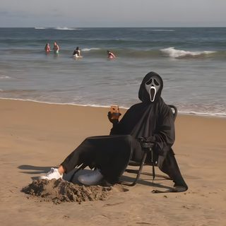 a person sitting in a chair on the beach with a mask covering their face and mouth Halloween Scream Funny Funny Scream Pictures, Scream Pfp Funny, Funny Ghost Face Pictures, gray