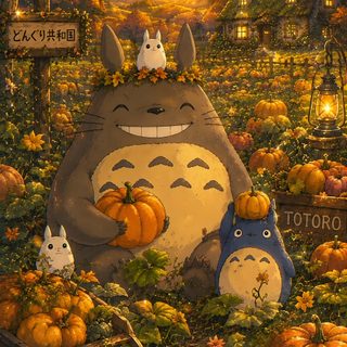 a painting of totoro surrounded by pumpkins Totoro Halloween saddle brown