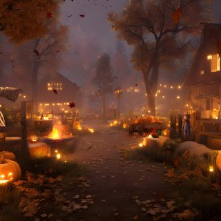 a halloween scene with pumpkins lit up in the yard and on the street, Halloween Theme Halloween Ipad Aesthetic, Aesthetic Halloween Laptop, Halloween Backgrounds Aesthetic, saddle brown