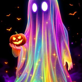 a glowing ghost with two pumpkins in it's hands Glowing Neon Halloween Spooky Neon Halloween, Neon Ghost, Betty Boop, Ghost Images, Neon Spooky, black