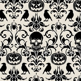 a black and white pattern with skulls, pumpkins and birds Damask Halloween Halloween Texture, Unique Birthday Ideas, Holiday Banner, Modern Textiles, light gray