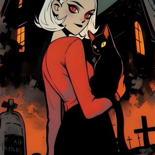 a woman holding a black cat in front of a house with pumpkins on it Halloween Pinup Art Sabrina Fanart, Sabrina The Teenage Witch Art, Black Cat Witch Drawing, dark olive green