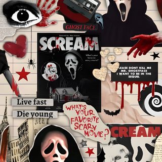 the scream movie poster is shown with many different images and words, including an image of a Halloween Aesthetic Scream Classic Horror Movies Posters, Halloween Iphone Backgrounds, Scream Halloween, dim gray