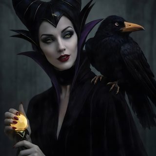 a woman with horns holding a flower and a crow on her shoulder, in front of a dark background Maleficent Halloween Maleficent Cosplay, Evil Princess, Tasmanian Devil Looney Tunes, black