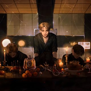a group of people sitting around a table with candles Stray Kids Halloween Laptop Skz Halloween Laptop, Stray Kids Background Pc, Stray Kids Pc Aesthetic, black