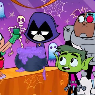 cartoon characters standing around a table with halloween decorations Cartoon Network Halloween Halloween Cartoon Episode, Cartoon Halloween Episodes, Teen Titans Go Halloween Spirit, gray