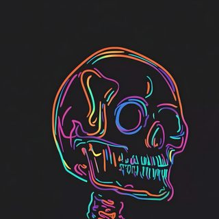a neon skeleton sitting in the dark with its head turned to look like it is looking down Neon Aesthetic Halloween Skeleton Art Simple, Rainbow Skeleton, Skeleton Graphic, Neon Skeleton Drawing, black