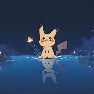 a cartoon character floating in the water at night Halloween Mimikyu dark slate gray