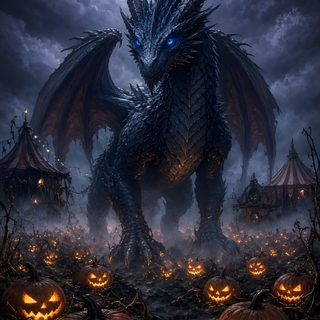 a dragon with glowing eyes standing next to pumpkins in the grass and surrounded by dark clouds Halloween Dragon dark slate gray