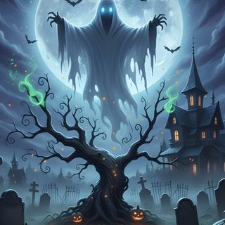 an illustration of a creepy ghost standing in front of a graveyard with pumpkins and bats Halloween For Boys Halloween Graveyard, Halloween Scary Backgrounds, Halloween Flying Monster, dark slate blue